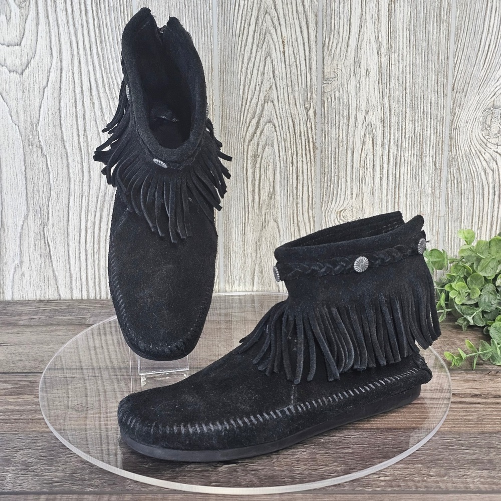 Minnetonka Black Fringe Ankle Boots